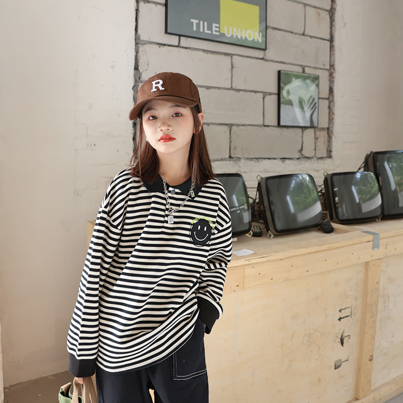 Girl's thick T-shirt spring autumn clothing 2022 new Korean version of the Korean version Children's Polo shirt striped long sleeve T-shirt tide