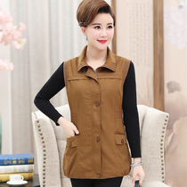 Spring and autumn thin section middle-aged womens lapel waistcoat vest middle-aged mothers short cotton horse clip jacket