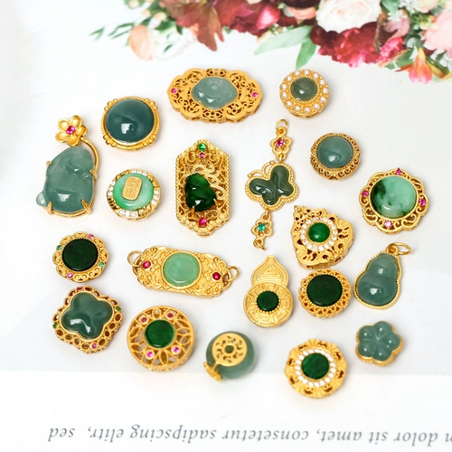 Натуральная инкрустация камня, изумрудная реплика, золотые аксессуары, серебро 925 пробы, четырехлистный клевер