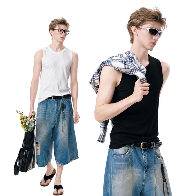 Men's Summer American-Style Ribbed Casual Vest, Fitness Tank Top, Men's Ribbed Sports Sleeveless Undershirt