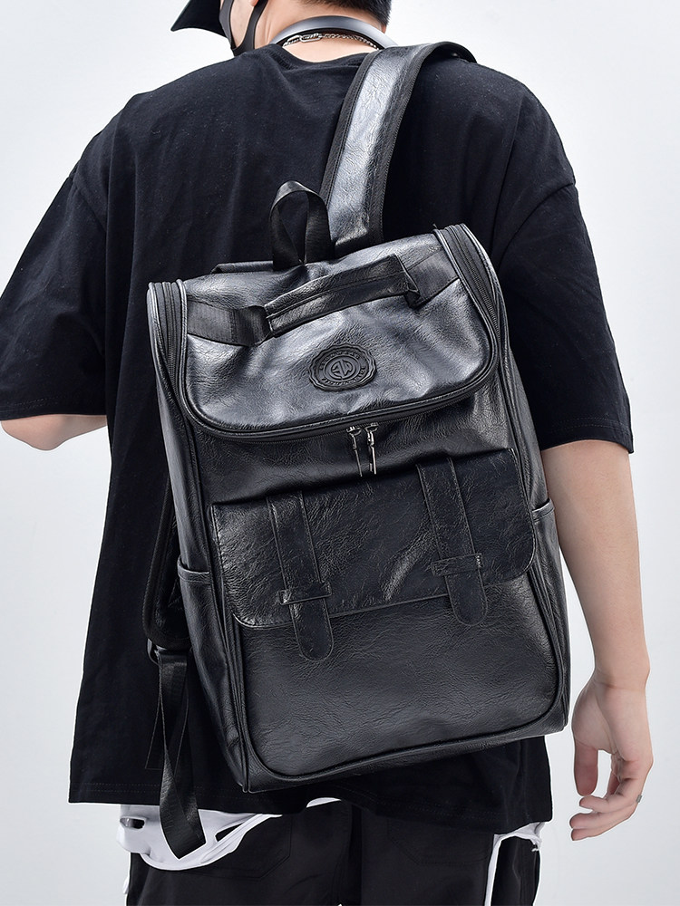 Backpack Men's Retro Casual Backpack Boys' Trendy Pu Leather Travel Bag College Student High School Student School Bag Computer Bag