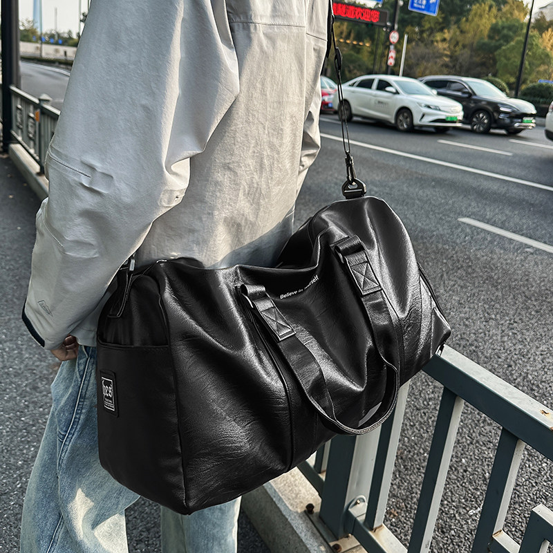 Short-Distance Travel Bag Men's Trendy Pu Leather Handbag Sports Fitness Bag Training Bag Business Trip Travel Luggage Storage Bag