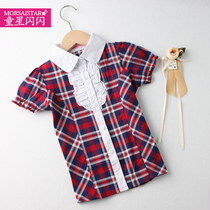 Child star sparkling childrens shirt Female big boy plaid college wind top shirt Female foreign style short-sleeved wooden ear edge shirt