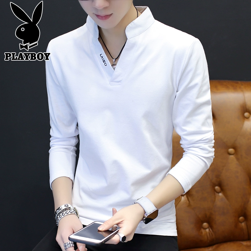 Áo thun nam Playboy mùa xuân phiên bản mới của Hàn Quốc theo xu hướng áo thun cổ chữ V màu trắng áo sơ mi trắng tay dài nam - Áo phông dài