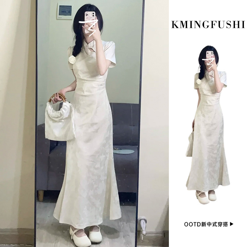 2026 New Style Petite Dress for Women, Summer New Chinese Style Improved Cheongsam, Beautiful Waist-Cinching White Long Dress