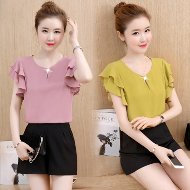 Net red top clothes fashion foreign style short-sleeved women's clothing 2023 new trend sleeveless ruffle super fairy chiffon shirt