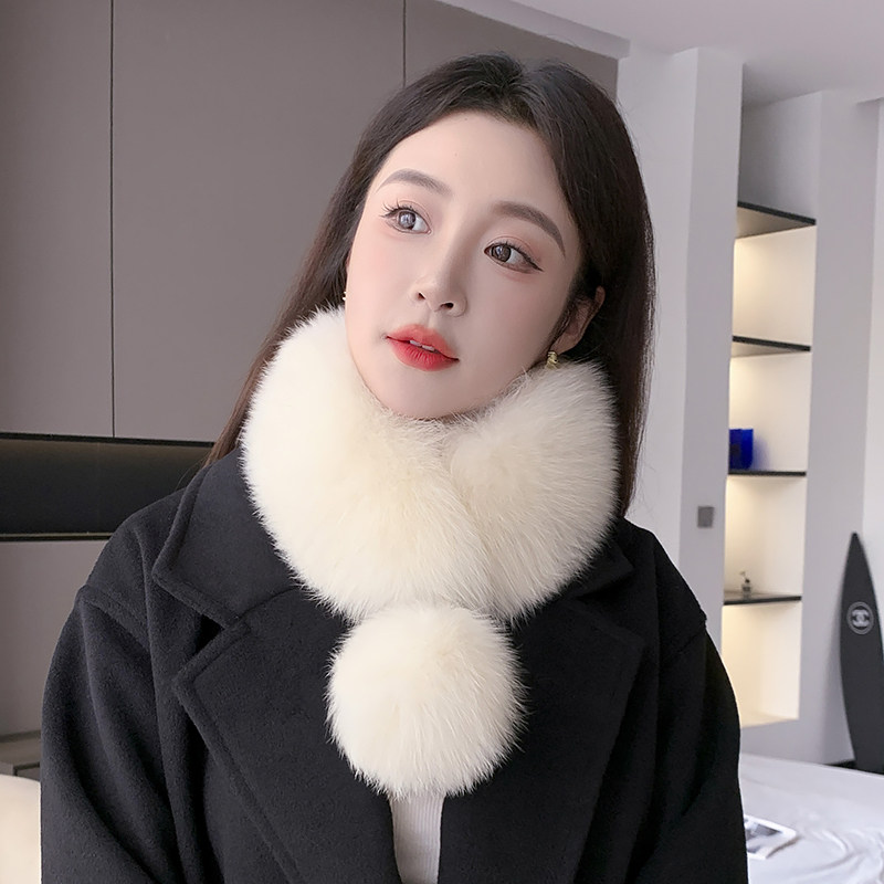 Women's fox fur scarf, double-sided, warm, simple, elegant, versatile, faux fur, rabbit fur collar, pom-pom, plush neck warmer.