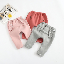 Baby girl cotton plus velvet trousers for infants and young children wearing big pp pants foreign style cartoon butt pants Korean autumn and winter