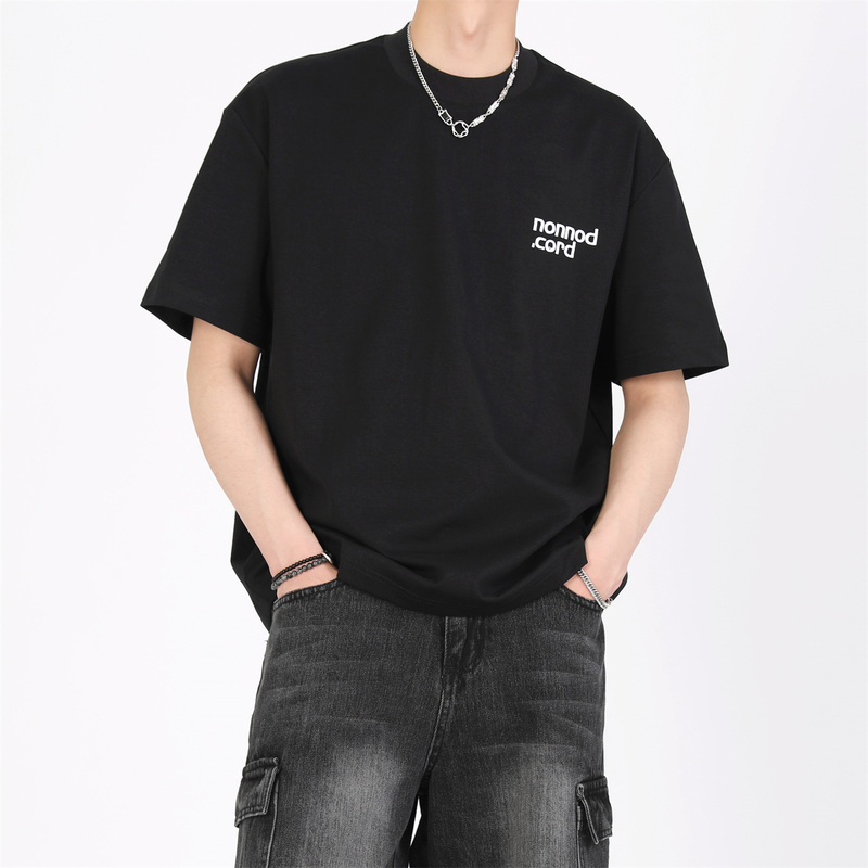 Bob Black-On-Black Cleanfit Short-Sleeve Miu-Style Letter Embroidery T-Shirt, Loose and Relaxed, Simple High-Quality T-Shirt in Dark Style