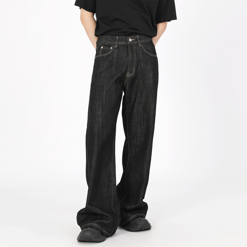 Bob Black-On-Black Miu Series Denim Jeans Cleanfit Wide-Leg Straight Pants Loose Trendy Washed Retro