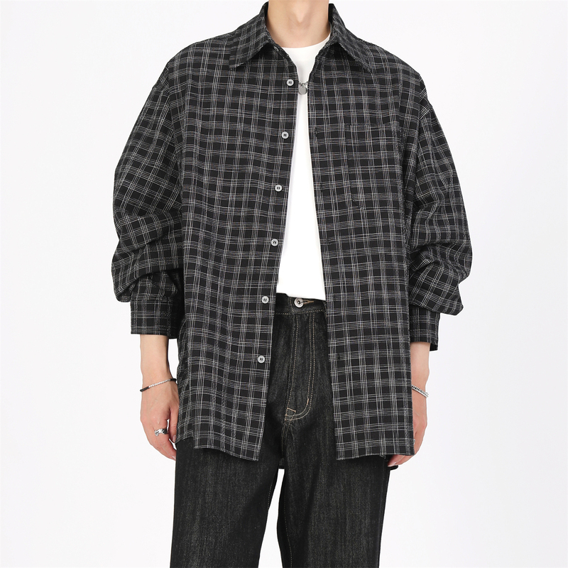 Bob Black on Black Miu Style Plaid Shirt Cleanfit Loose and Relaxed Silhouette Shirt Dark Style High Intelligence Sense