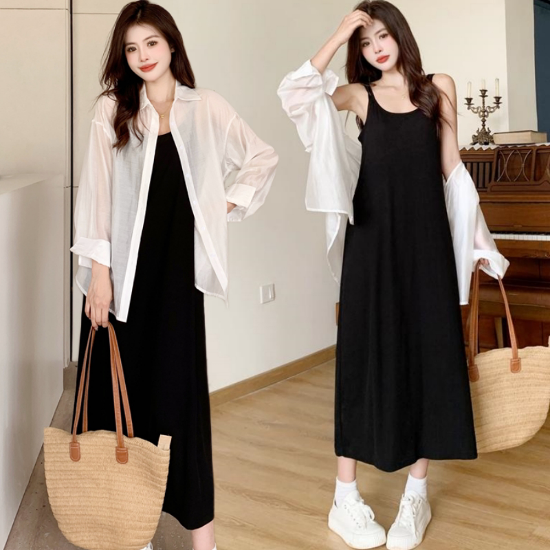 Spring and Summer New Holiday Style Loose Sun Protection Shirt Paired with Mid-Length Sleeveless Double-Strap Dress Set for Women