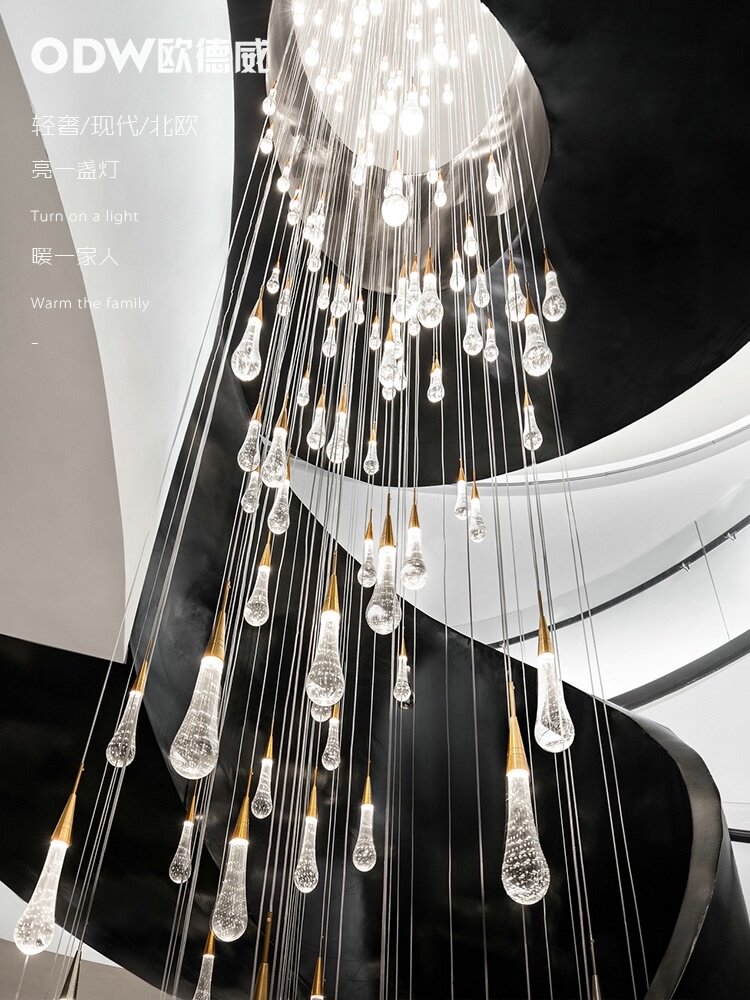 Duplex floor rotating staircase chandelier postmodern water drop large living room lamp Creative personality leap layer villa light luxury lamps