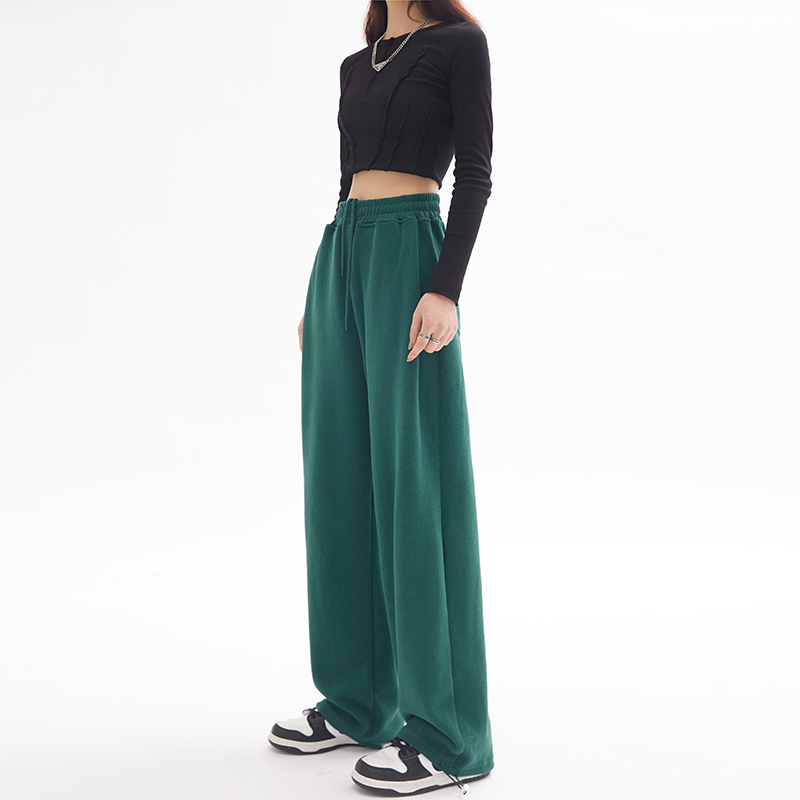 American-Style Green Sweatpants for Women, 2026 New Spring High-Waisted Drapey Wide-Leg Pants, Loose Jogger Casual Sweatpants