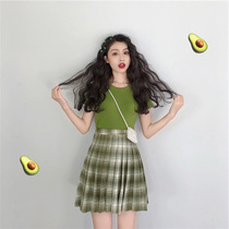 2021 new summer skirt Mori Super fairy sweet hipster matcha avocado green dress two-piece