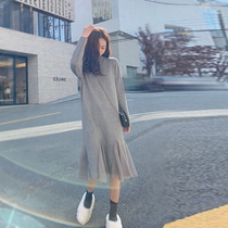 2021 New with overcoat long skirt with a base long knitted sweater over the knee dress children autumn and winter thickened