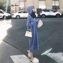 2021 New with overcoat long skirt with underlay long knitted sweater over knee hooded dress children autumn and winter