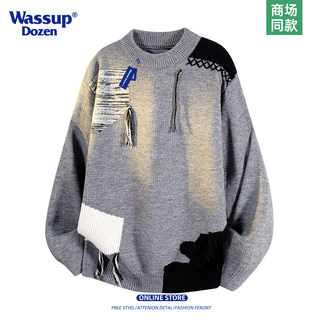 Wassup Dozen2025 New Street Casual Patchwork Gray Vibe Sweater Men's Loose Ripped Knitwear