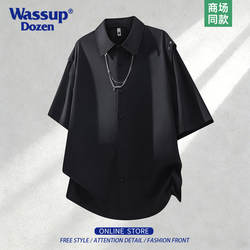Wassup Dozen High Street Deconstructed Short-Sleeve Shirt for Men, Summer Drapey Cool Niche Dark Style Personality Top