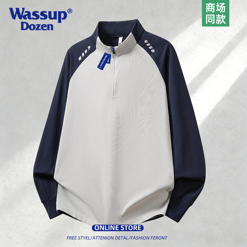 Wassup Dozen Half-Zip Solona Spring Long-Sleeved T-Shirt Men's Stand-Up Collar Loose Sports Ice Silk Top