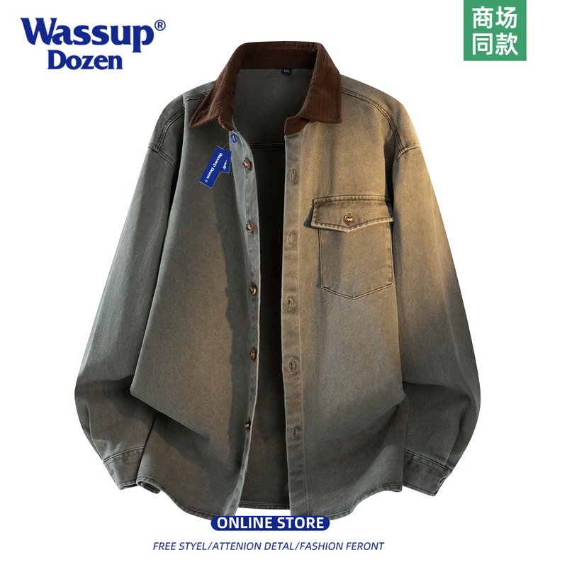 Wassup Dozen American Retro Style Contrast Color Lapel Shirt Men's Long-Sleeved Loose Work Jacket Pure Cotton Jacket