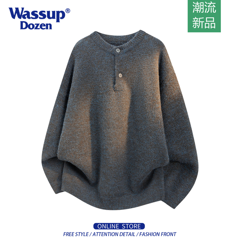 Wassup Dozen Henry Collar Sweater for Men, Half-Zip Loose Fit, Drop Shoulder, Mixed Color Knitwear, Soft and Cozy Top for Autumn and Winter