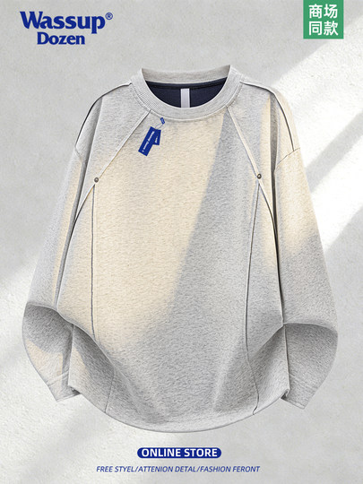 Wassup Dozen American Deconstructed Trendy Brand Crew Neck Sweatshirt for Men 2026 New Spring Casual Heavyweight Top