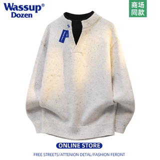 Wassup Dozen American-Style Henry Collar Sweater for Men, Loose and Thick, Men's Knitted Sweater with Twist Pattern for Layering