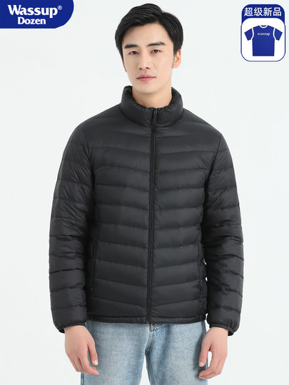 WASSUP DOZEN Rib Down Jacket Men's 2025 Short Stand Collar White Duck Down Winter Thickened Warm Jacket