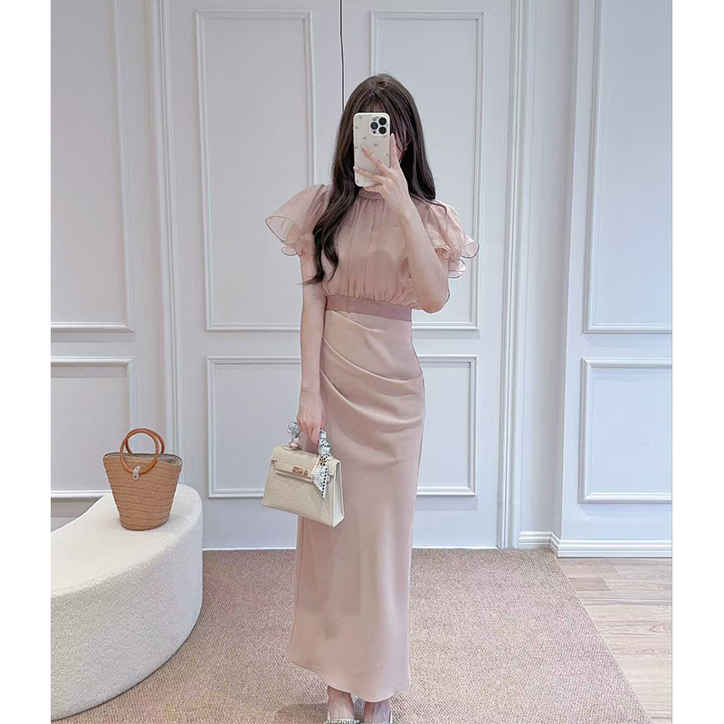 Domylilz Chestnut | Elegant and Graceful Ruffled Sleeve Chiffon Dress Set for Young Ladies.