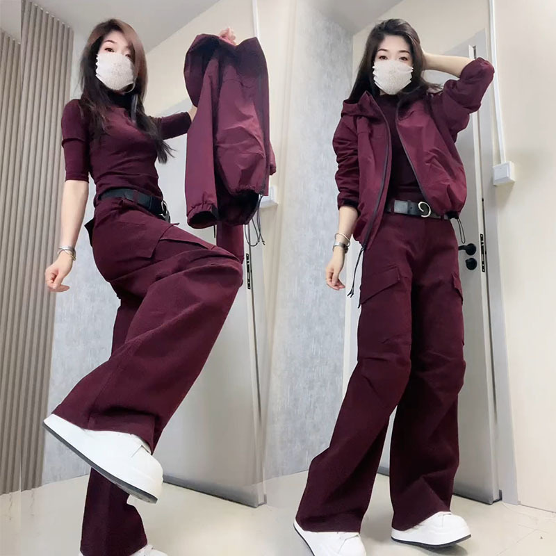 2026 Autumn New Fashion Suit for Women: College Style Jacket, Base Shirt, Cargo Pants, Casual, Age-Reducing, Slimming Three-Piece Set