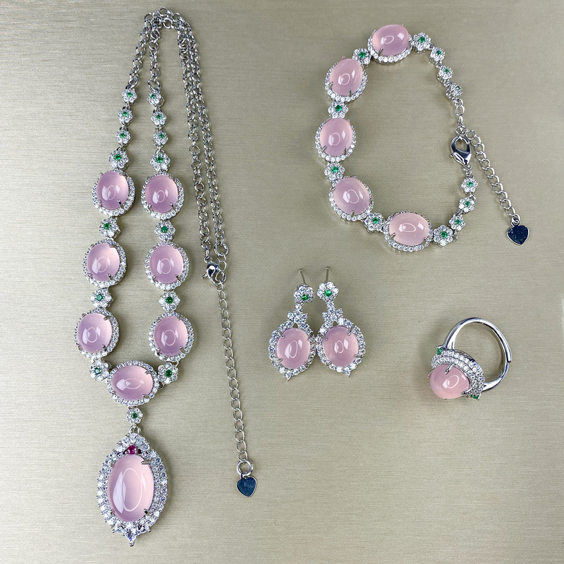 Ice Pink Chalcedony Necklace Set with Silver Gemstone Bracelet, Light Luxury Ring, Pink Purple Agate Earrings Ice Pink Chalcedony Necklace Set with Silver Gemstone Bracelet, Light Luxury Ring, Pink Purple Agate Earrings