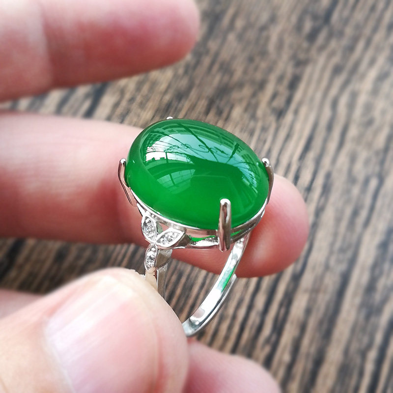 s925 natural ice species chalcedony ring live mouth female agate crystal gemstone emerald color ring to send girlfriend