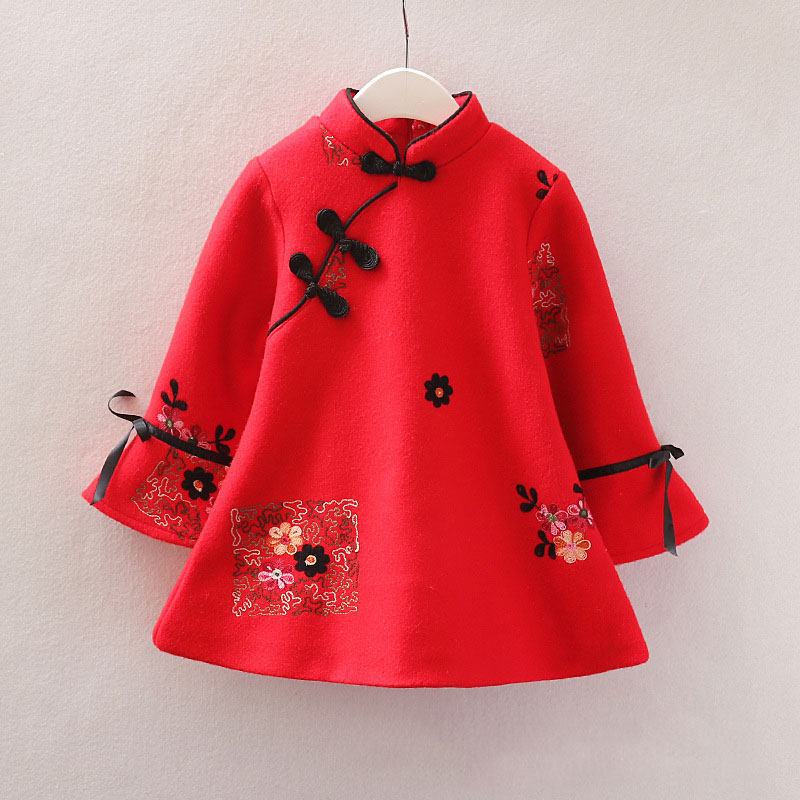 Girls woolen cheongsam dress quilted thickened children's Tang suit baby Western style New Year's dress festive one-year-old dress