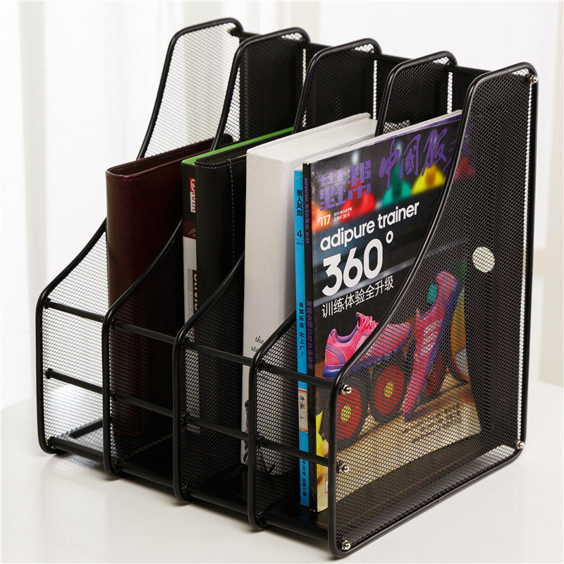 Metal three-layer file tray data rack Office iron mesh storage shelf Desktop bookshelf Black multi-layer file blue