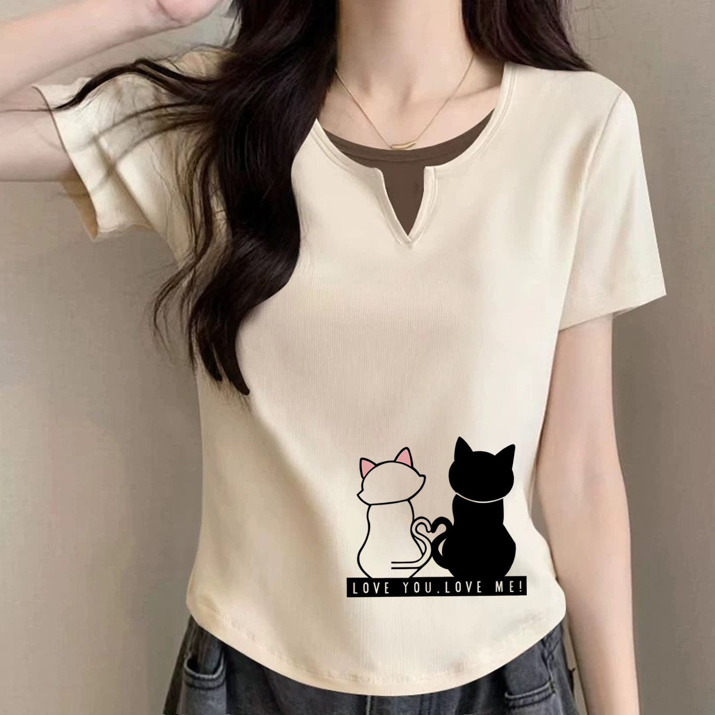 夏季时尚假两件V领短袖T恤女设计感小众正肩显瘦宽松百搭纯棉上衣