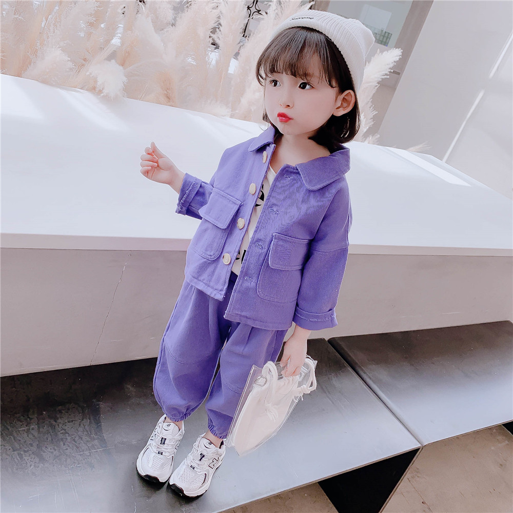 Girl's tennis red suit 2021 new Korean version Jeans Tooling Children Spring Dress Women's Baby Chic Two Sets