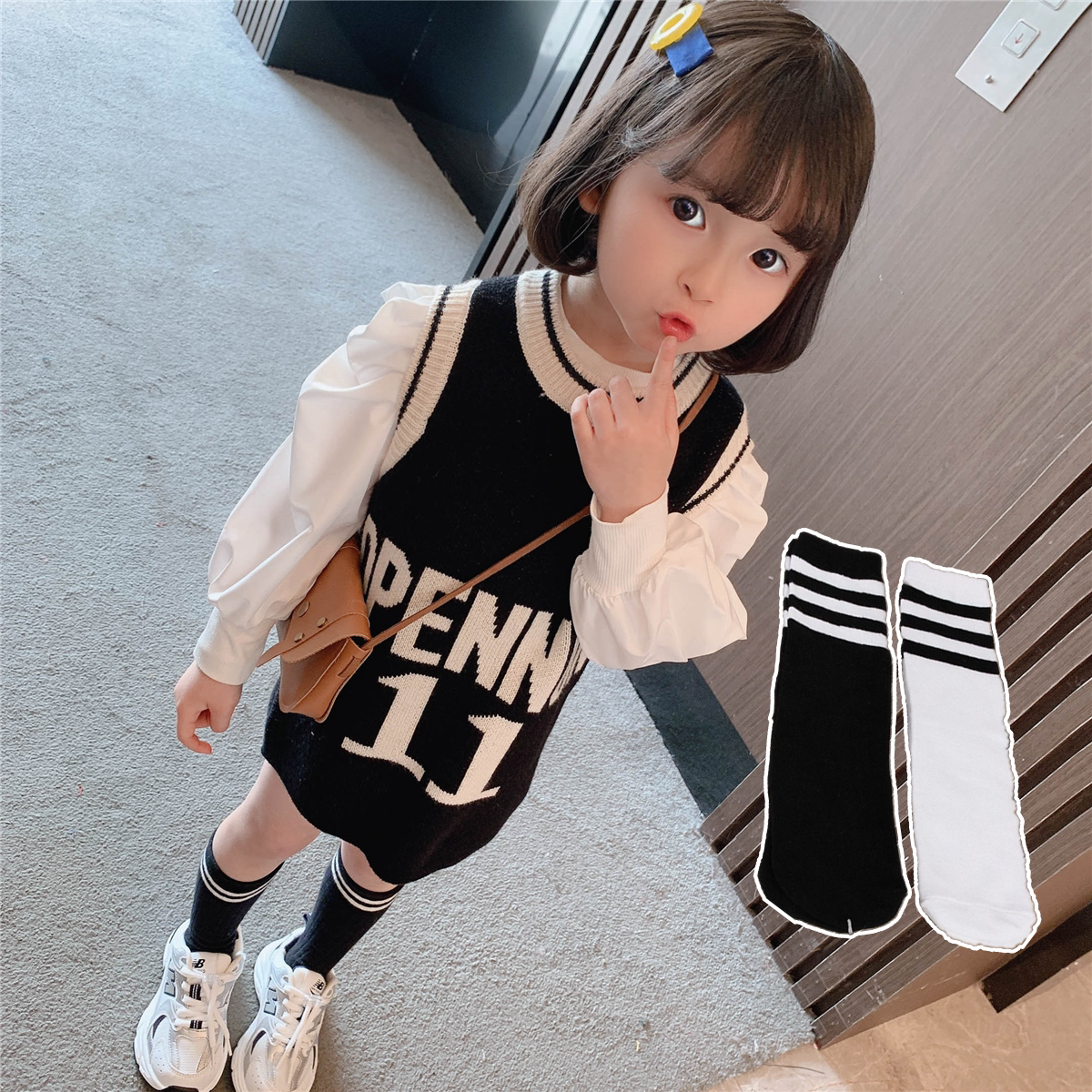 Children Pure Cotton White Long Silo Socks Spring Autumn Summer Thin male and female black students Kindergarten Black and white Sox