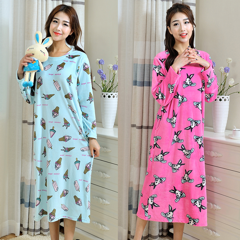 Áo dài tay cho nữ mùa thu và mùa đông nhung dài Bộ đồ ngủ nhung dày mịn nhung san hô nhung dịch vụ nhà kích thước lớn váy ngủ lụa