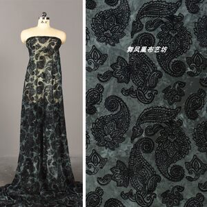 Dark Green - Tie-Dye Flocking Mesh Fabric - Paisley Pattern - Chinese Style Skirt Top Elastic Mesh Fabric