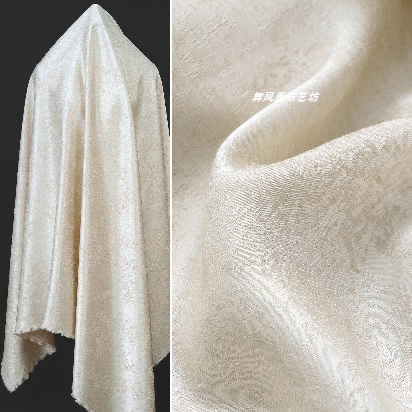 オフホワイトの光沢のあるサテンコットンリネンジャカード柄生地、柔らかな中国風コート、デザイナーによる独創的な生地。