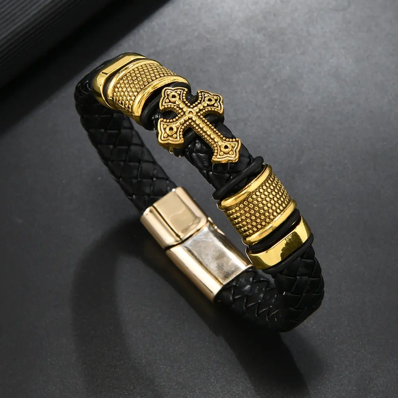 European and American New Style Personalized Retro Multi-Layer Leather Braided Bracelet with Cross for Men, Magnetic Buckle Titanium Steel Bracelet with a High-End Feel European and American New Style Personalized Retro Multi-Layer Leather Braided Bracelet with Cross for Men, Magnetic Buckle Titanium Steel Bracelet with a High-End Feel