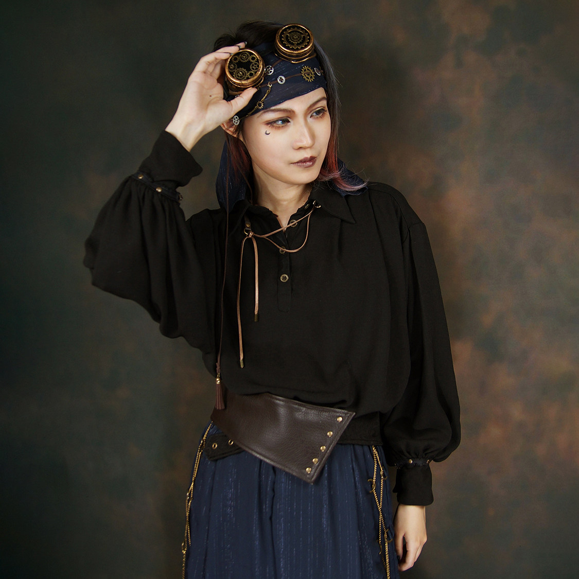Mr Yi's steam continental vintage pirate wind Unisex Black Chiffon loose shirt long sleeve top