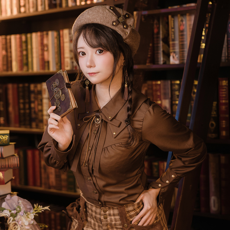 Steamland Chocolate Coffee Brown Double Collar Bow Tie Autumn and Winter Vintage Shirt Top