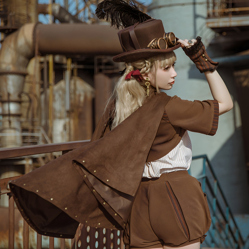 Steamland Steampunk One-Button Faux Suede Studded Hooded Sleeveless Cape Jacket Coat Top