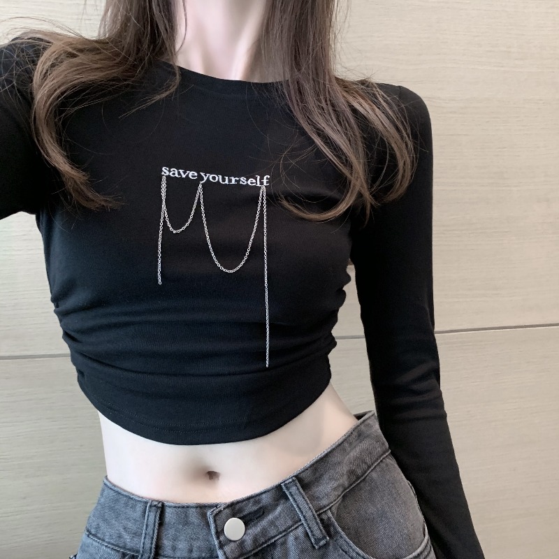 Undershirt Women's spring autumn 2022 new round-collar open navel Slim Fashion Interior Lap short long sleeves T-shirt blouses