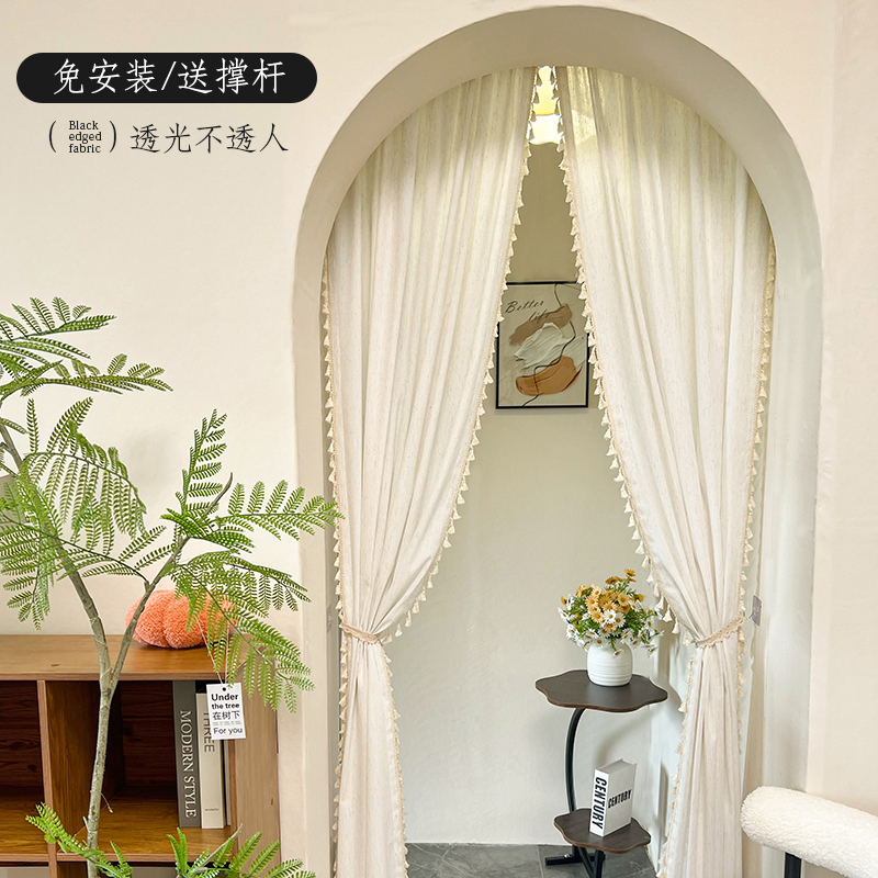 No-Drill Installation of Mid-Century Style Door Curtains with a Hazy Feel, Cotton and Linen Partition Curtains for Living Room, Entranceway, and Kitchen Half-Curtains