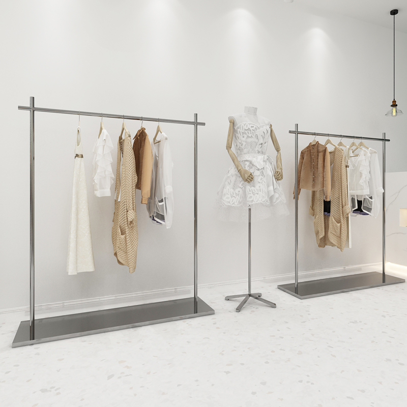 Clothing store display frame floor-type hanging clothes rack stainless steel drawing silver wear in the island shelver display shelves