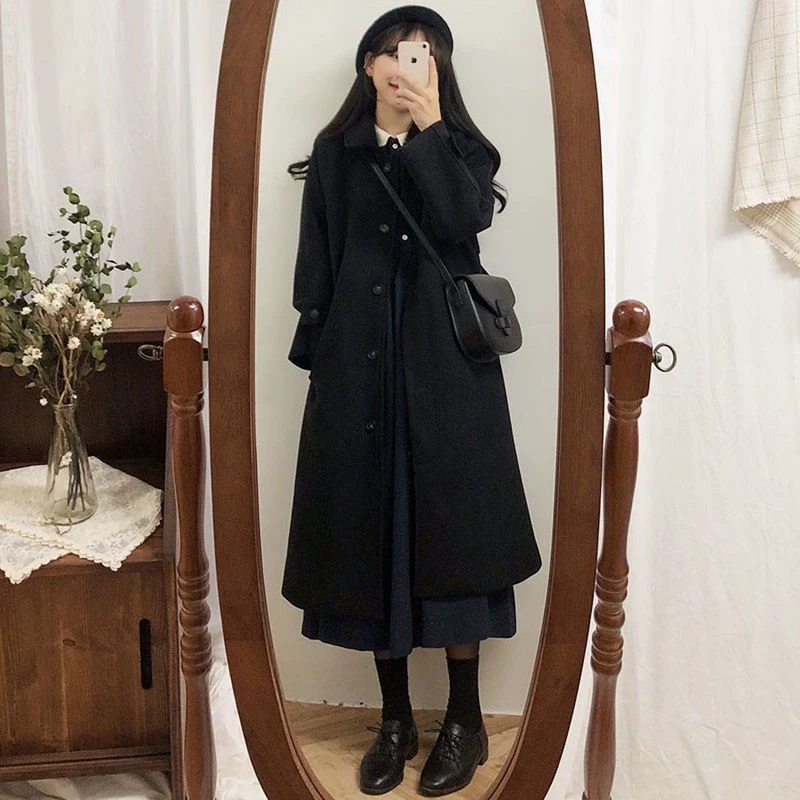 Woolen coat, demi-season black jacket, for teenagers, 2026 years, Korean style, high-quality style