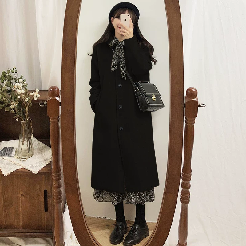Woolen coat, demi-season black jacket, for teenagers, 2026 years, Korean style, high-quality style